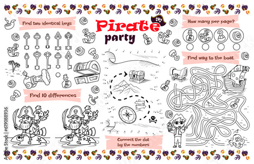 Festive placemat for children. Printable activity sheet "Pirate party" with a labyrinth, connect the dots and find differences. 17x11 inch printable vector file
