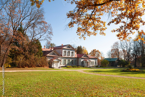 The main manor house in the Abramtsevo Museum-Reserve in sunny autumn day. Moscow region, Russia