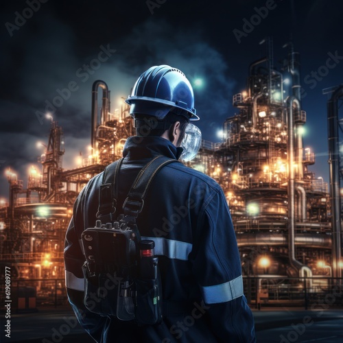 At back of the Workers engineer in Oil and gas industrial, Oil refinery plant from industry, Refinery Oil storage tank and pipe line steel. Non-existent person. Generative Ai © Kowit