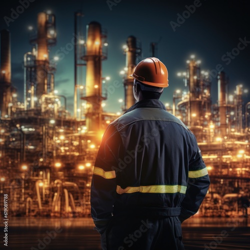 At back of the Workers engineer in Oil and gas industrial, Oil refinery plant from industry, Refinery Oil storage tank and pipe line steel. Non-existent person. Generative Ai