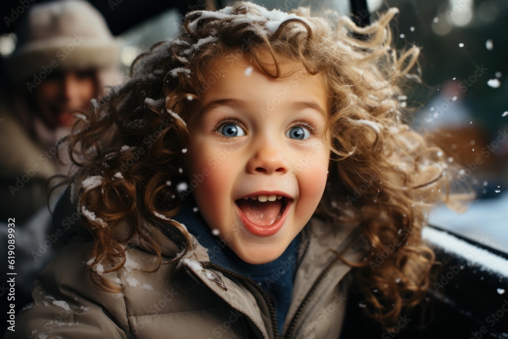 Cheerful child by the window of a moving car Truly excited about winter, snow, Christmas and holiday celebrations. Straightforward childhood Cheerful child by the window of a moving car Truly excited about winter, snow, Christmas and holiday celebrations. Straightforward childhood
