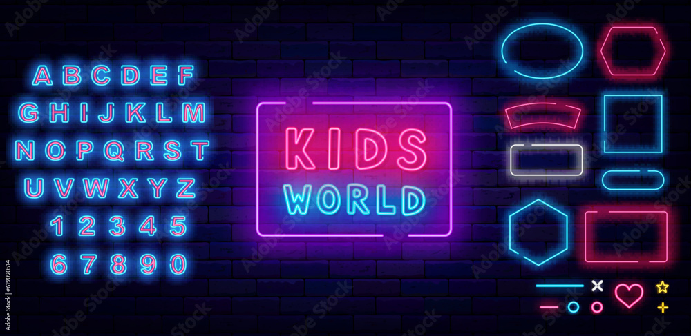 Kids world neon emblem. Play zone. Handwritten colorful inscription. Glowing advertising. Vector stock illustration