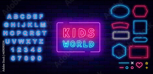 Kids world neon emblem. Play zone. Handwritten colorful inscription. Glowing advertising. Vector stock illustration