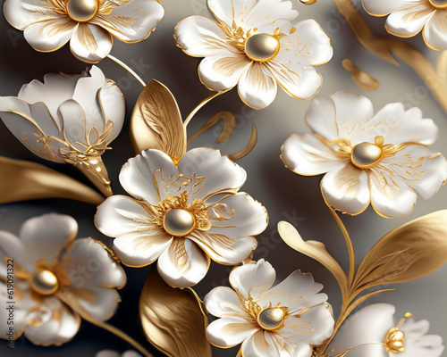 Bridal background with white and gold 3d flowers