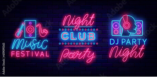 Night club party neon labels collection. Music festival event. Performance flyer. Vector stock illustration