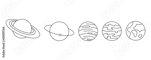 Set planets isolated on a white background. Vector illustration in outline style. For cards, logo, decorations, invitations, boho designs.