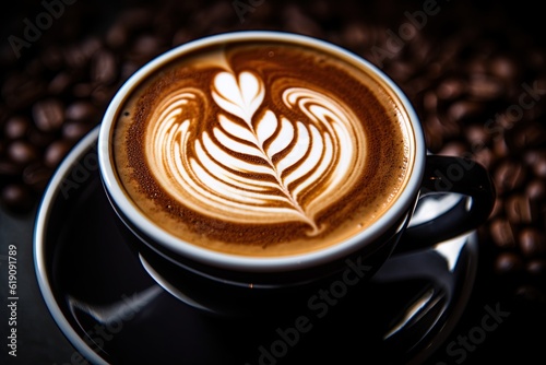 Latte art on hot latte coffee . Milk foam in leaf shape on top. Professional barista artist. Generative Ai image