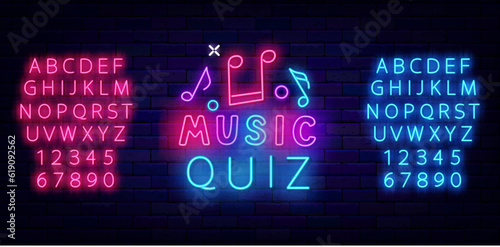 Music Quiz neon emblem. Colorful handwritten text. Luminous pink and blue alphabet. Vector stock illustration