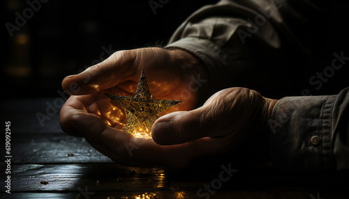 Tenebrist recreation of hands man with a special David star. Illustration AI photo