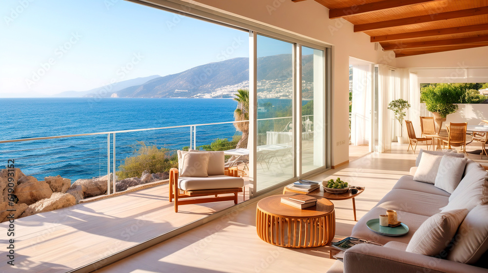 Fototapeta premium Luxury villa with terrace and floor to ceiling panoramic window with amazing sea view. Interior design of modern living room. Created with generative AI