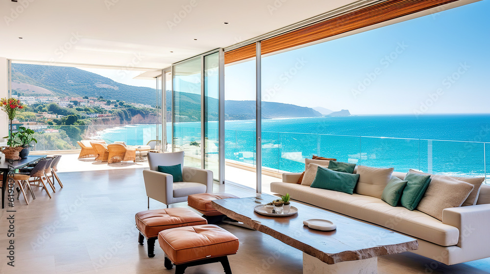 Luxury villa with terrace and floor to ceiling panoramic window with amazing sea view. Interior design of modern living room. Created with generative AI - obrazy, fototapety, plakaty 