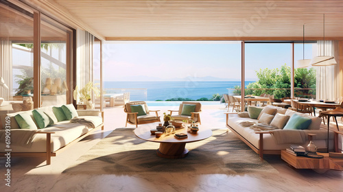 Luxury villa with terrace and floor to ceiling panoramic window with amazing sea view. Interior design of modern living room. Created with generative AI