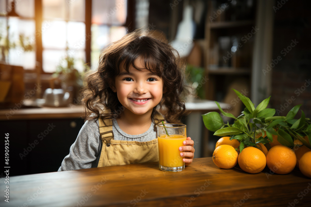A little girl, 8 years old, is drinking orange juice.