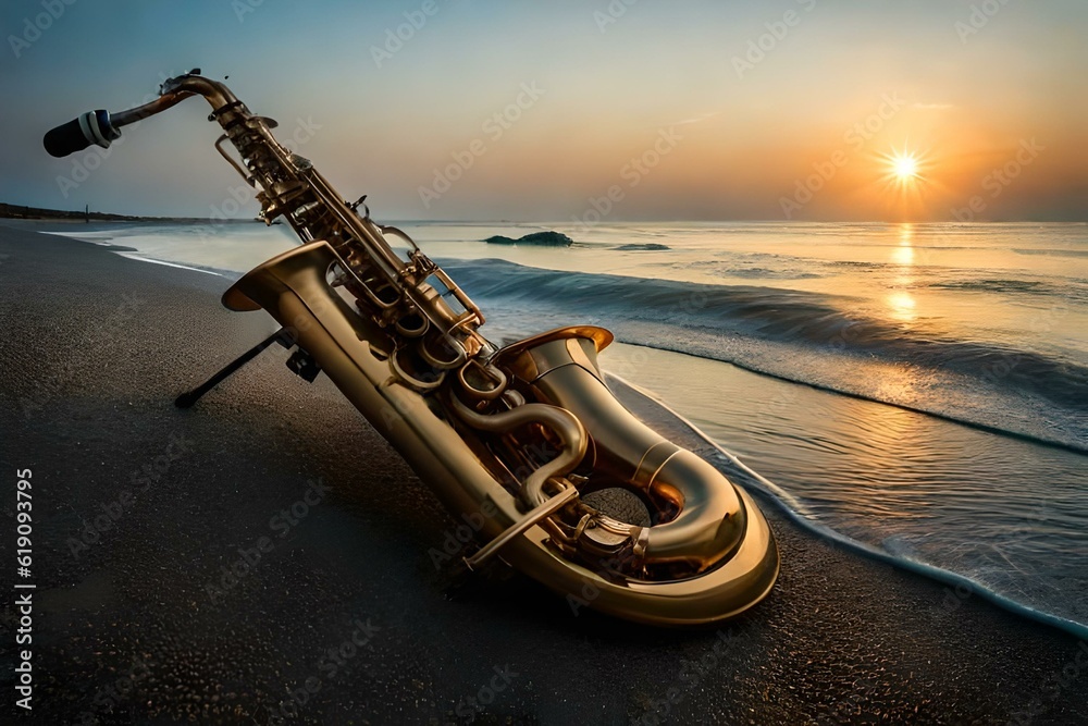 saxophone on the sand - obrazy, fototapety, plakaty 