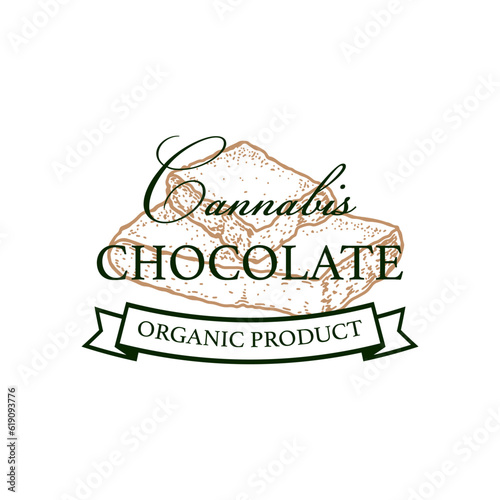 Cannabis chocolate packaging design. Marijuana logo template with hand drawn elements. Vector illustration in sketch style