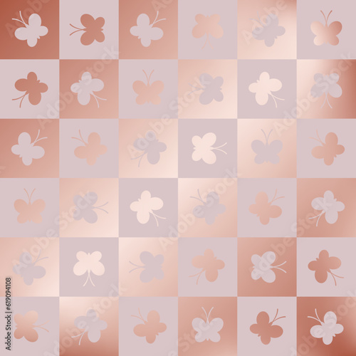 Butterfly seamless pattern. Repeating butterflys background for design prints. Repeated modern flowers. Rose gold foil. Gift wrapper repeat patern. Golden marble. Graphic paper. Vector illustration
