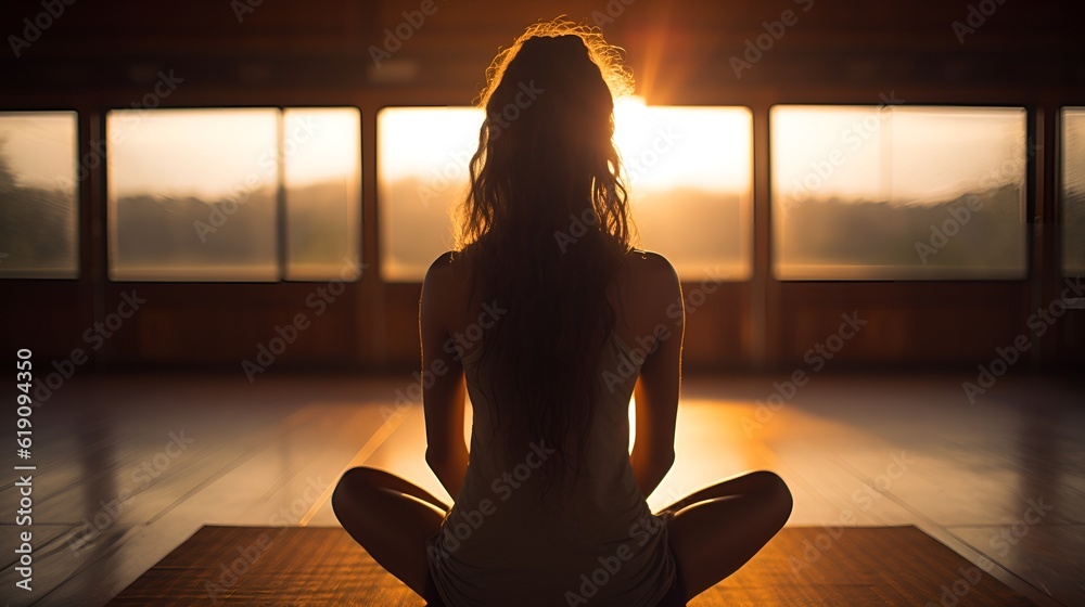 silhouette of a woman meditating in the morning for self healing, maintaining heart chakra posture to rapidly heal. best heart chakra yoga position. ai generative - obrazy, fototapety, plakaty 