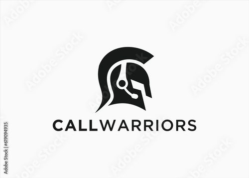 spartan with call logo design vector silhouette illustration