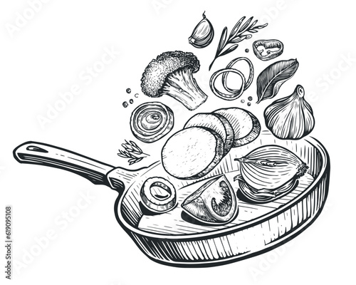 Fresh ingredients and frying pan. Food preparation sketch. Vegetables and spices. Cooking concept vector illustration