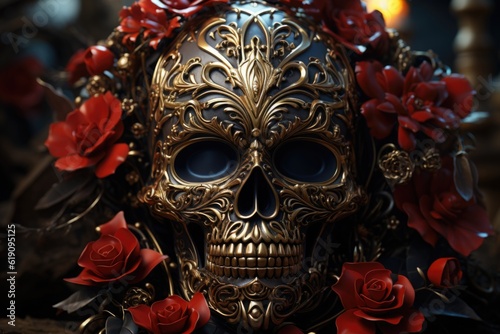 Gold Skull with red roses  organic horror  devil  death  giger  epic