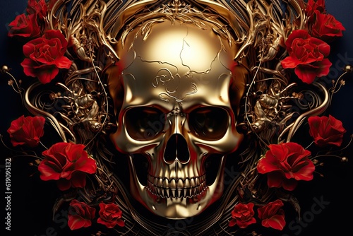 Gold Skull with red roses, organic horror, devil, death, giger, epic photo