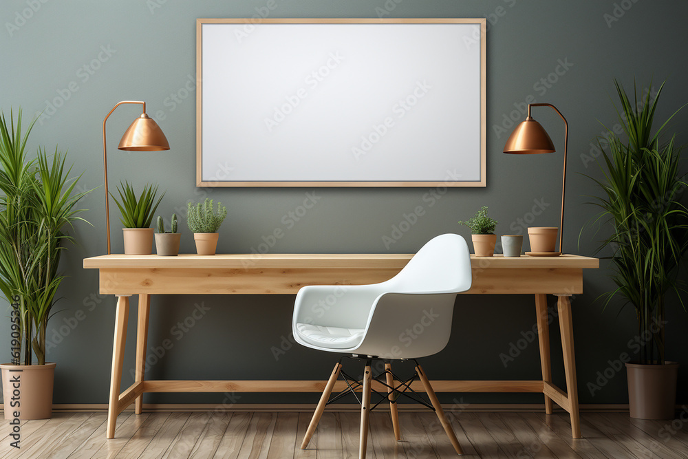 office workspace interior, computer on wooden table scandinavian style design, empty workplace, pc with blank screen, generative AI office workspace interior, computer on wooden table scandinavian style design, empty workplace, pc with blank screen, generative AI