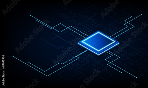 Futuristic microchip processor with lights on the blue background. Quantum computer, concept innovation background, vector design