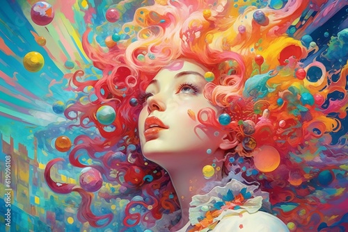 Fantasy Beautiful Rainbow Girl Surreal Illustration. Generative AI.