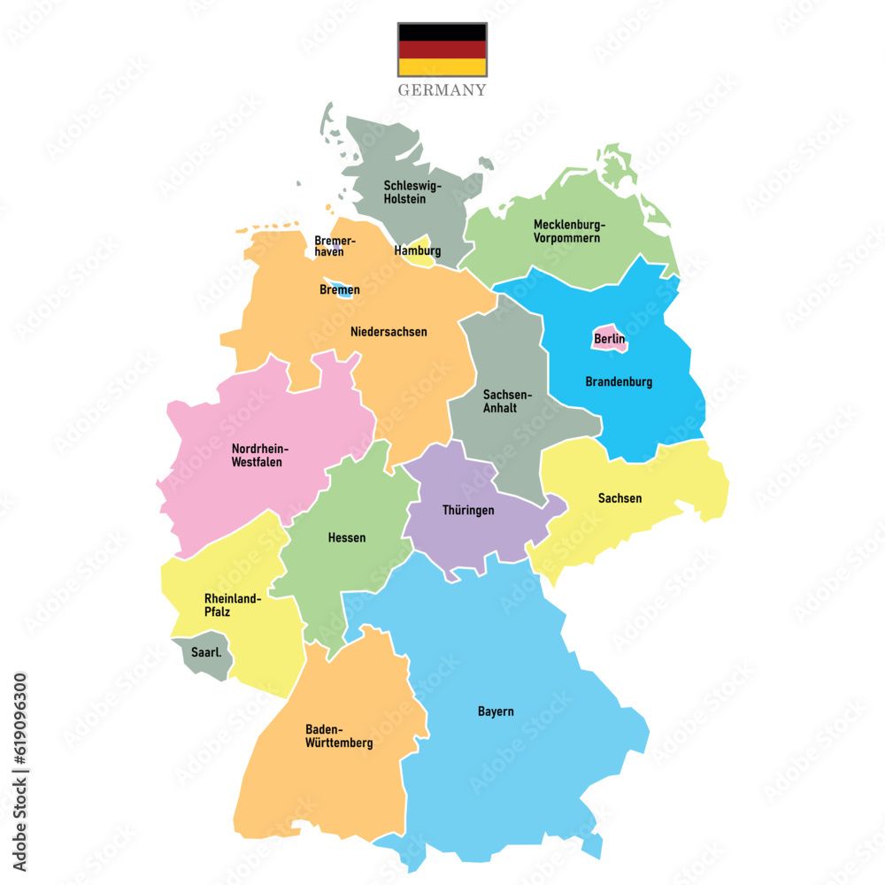 Germany maps background with regions, region names and cities in color, flag. Germany map isolated on white background. Vector illustration. Europe