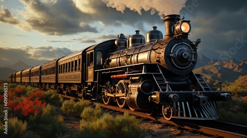 A 19th century train driving through wild west  photo