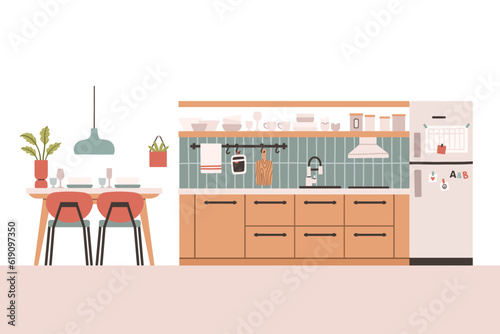 Kitchen with furniture. Cozy kitchen interior with table, stove, cupboard, dishes and fridge. Flat style vector.