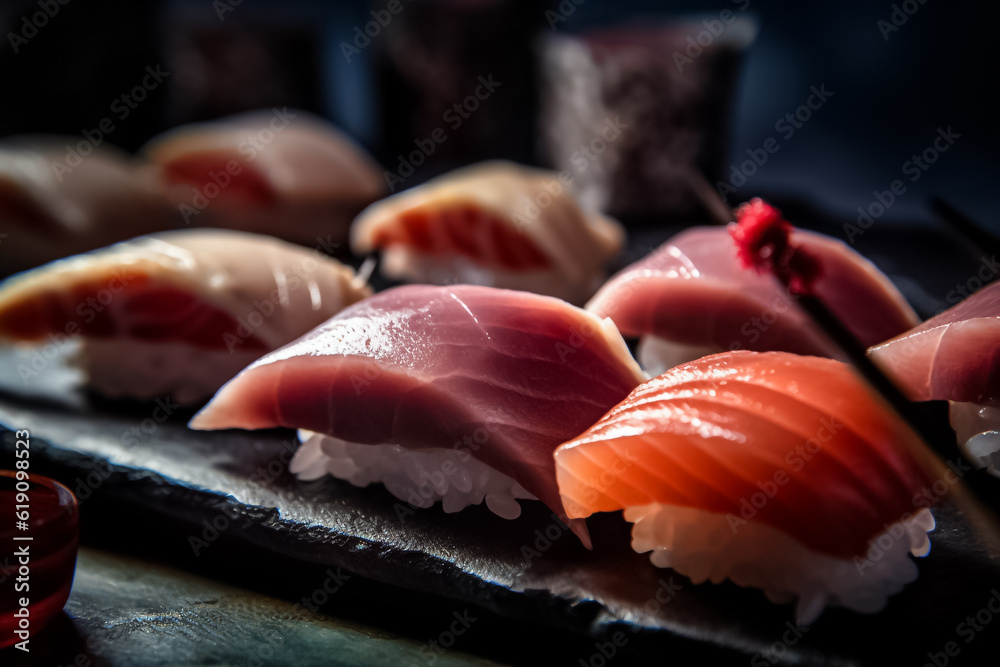 3D Mocking up model of delicious Japanese food with sushi. Assorted sushi big set on wooden plate. A variety of Japanese sushi with tuna, crab, salmon, eel and rolls. Generative AI. 3D Mocking up model of delicious Japanese food with sushi. Assorted sushi big set on wooden plate. A variety of Japanese sushi with tuna, crab, salmon, eel and rolls. Generative AI.