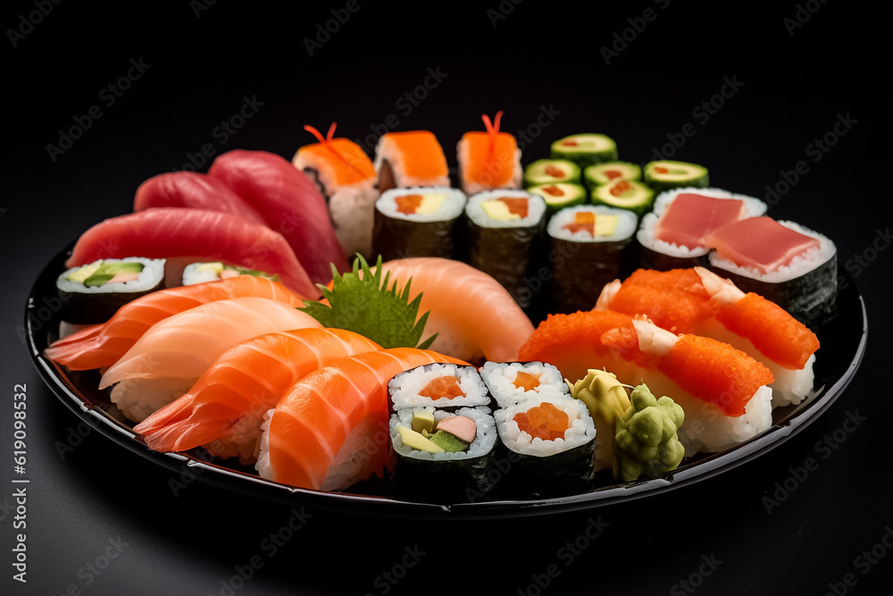 3D Mocking up model of delicious Japanese food with sushi. Assorted sushi big set on wooden plate. A variety of Japanese sushi with tuna, crab, salmon, eel and rolls. Generative AI. 3D Mocking up model of delicious Japanese food with sushi. Assorted sushi big set on wooden plate. A variety of Japanese sushi with tuna, crab, salmon, eel and rolls. Generative AI.
