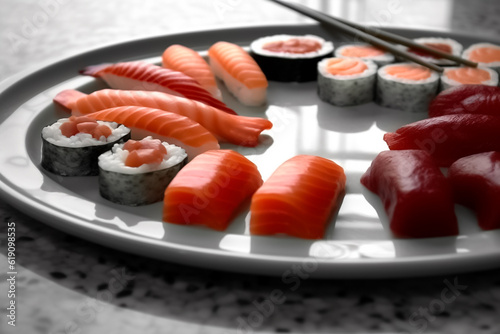 3D Mocking up model of delicious Japanese food with sushi. Assorted sushi big set on wooden plate. A variety of Japanese sushi with tuna, crab, salmon, eel and rolls. Generative AI.