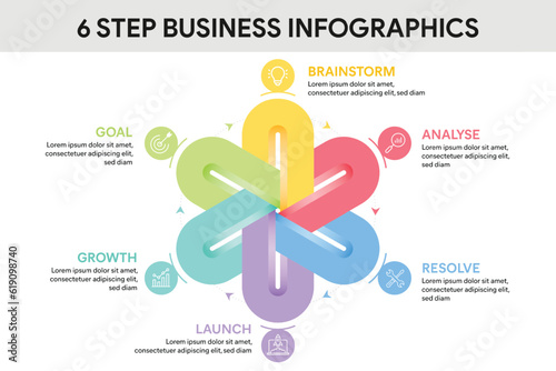 Loop curve infographic template with 6 options, steps, parts, segments. Business concept. marketing infographic vector illustration.