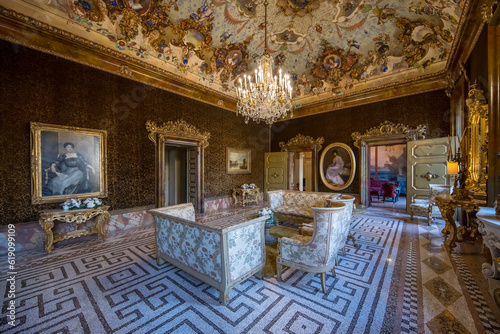 Stezzano, Italy - July 1, 2023: interior shot of the main room inside Villa Caroli Zanchi in Stezzano, Bergamo. No people are visible.