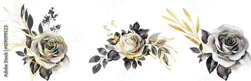 Hand-drawn vector black and white rose clipart with gold line art, blossom at retro engraving style. Bouquet roses for invitations, cards, wall art, card decoration, logo and other. Eps clipart