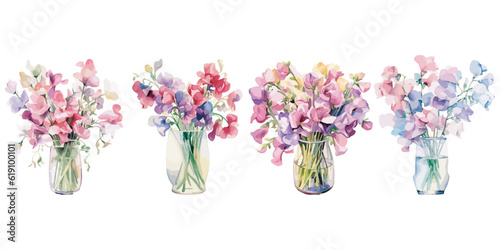 watercolor flower Sweet Peas in a Vase clipart for graphic resources