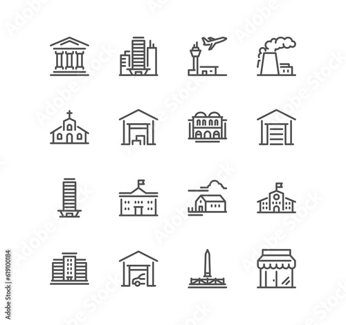 Set of buildings related icons, church, medical hospital, airport, garage, residental, station, university and linear variety symbols. 