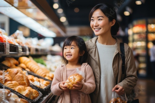 Beautiful Asian mother holding a basket of groceries with her child walking in the supermarket  picking up from the shelf with her little daughter. healthy shopping