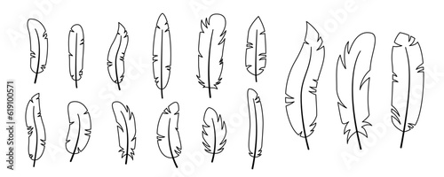 
Set feathers isolated on a white background. Vector illustration in outline style. For cards, logo, decorations, invitations, boho design.