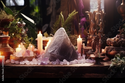 Beautiful esoteric and mystical altar for meditation with crystals and semi-precious stones, Zen Temple. Generative AI. photo
