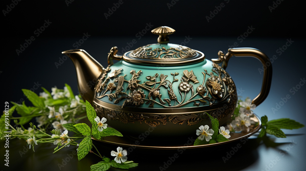 Black iron asian teapot with sprigs of mint for tea. Generative Ai Black iron asian teapot with sprigs of mint for tea. Generative Ai
