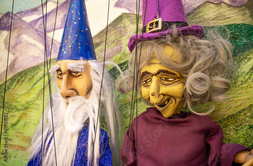 Precious Marionettes of a Wise Wizard with a White Beard and an Ugly Witch Taken from a Children's Puppets Theater of a Classic Fairy Tale