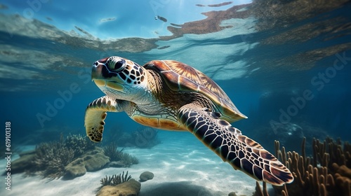 Sea turtle swimming in the ocean new quality universal colorful technology stock image illustration design, generative ai © Taisiia