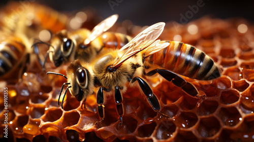 Close up view of the working bees on honey cells. Generative Ai © andranik123
