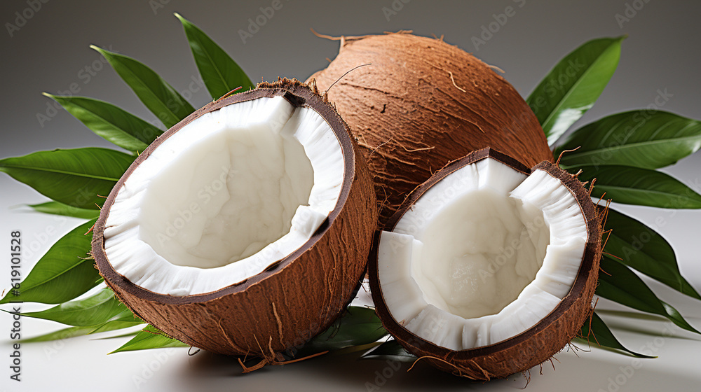 Coconut with half and leaves. Generative Ai Coconut with half and leaves. Generative Ai