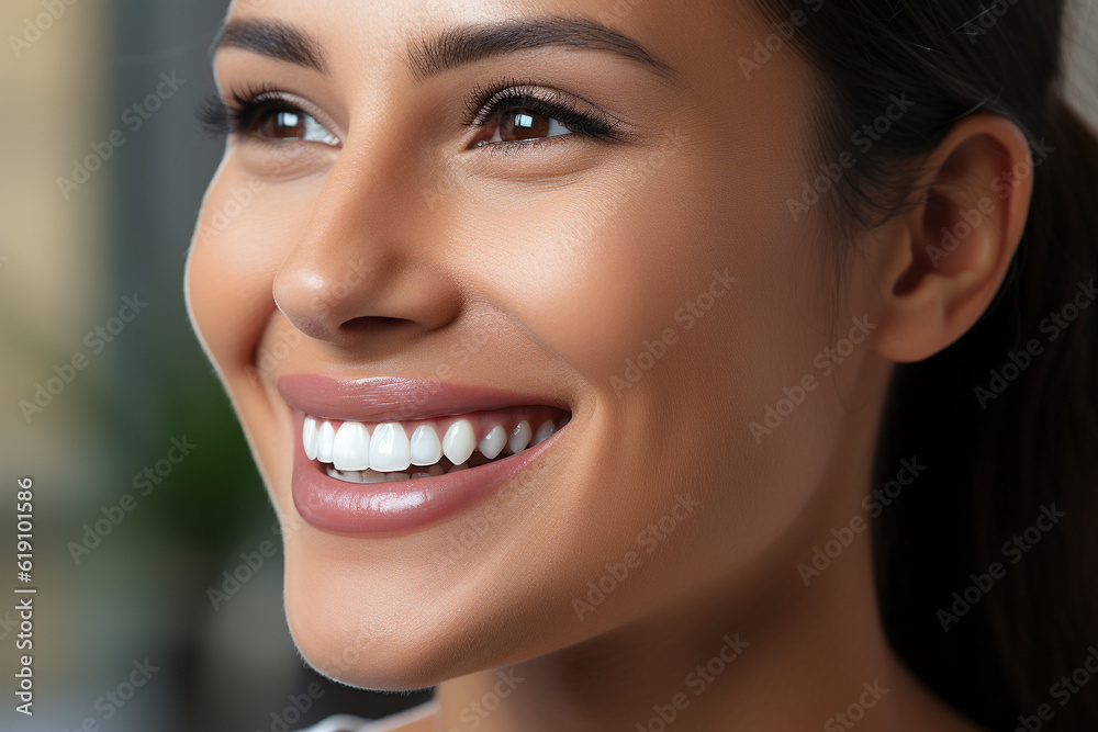 Close up portrait of a smiling woman. Dental care concept. Generative Ai Close up portrait of a smiling woman. Dental care concept. Generative Ai