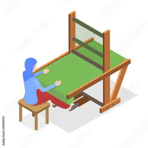 3D Isometric Flat Vector Conceptual Illustration of Weaver, Textile Production