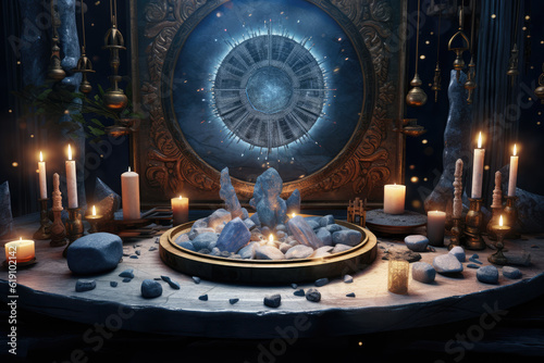 Beautiful esoteric and mystical altar for meditation with crystals and semi-precious stones, Zen Temple. Generative AI. photo